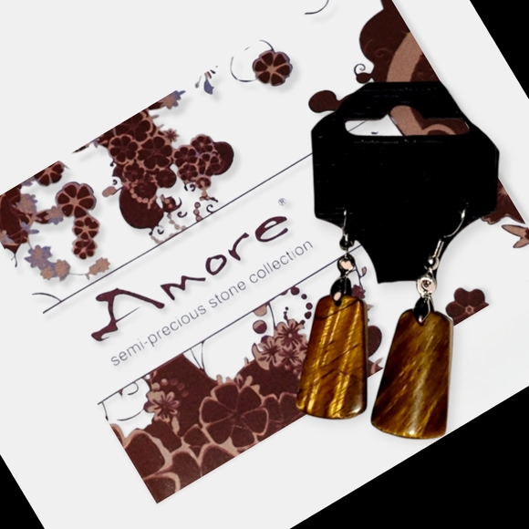 Genuine Tiger's Eye Stone Earrings with 18k White Gold Jewelry Clasp - Picture 3 of 10